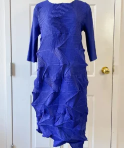 Vanite Couture Zig Zag Pleat 3/4 Sleeve Dress, Royal Blue