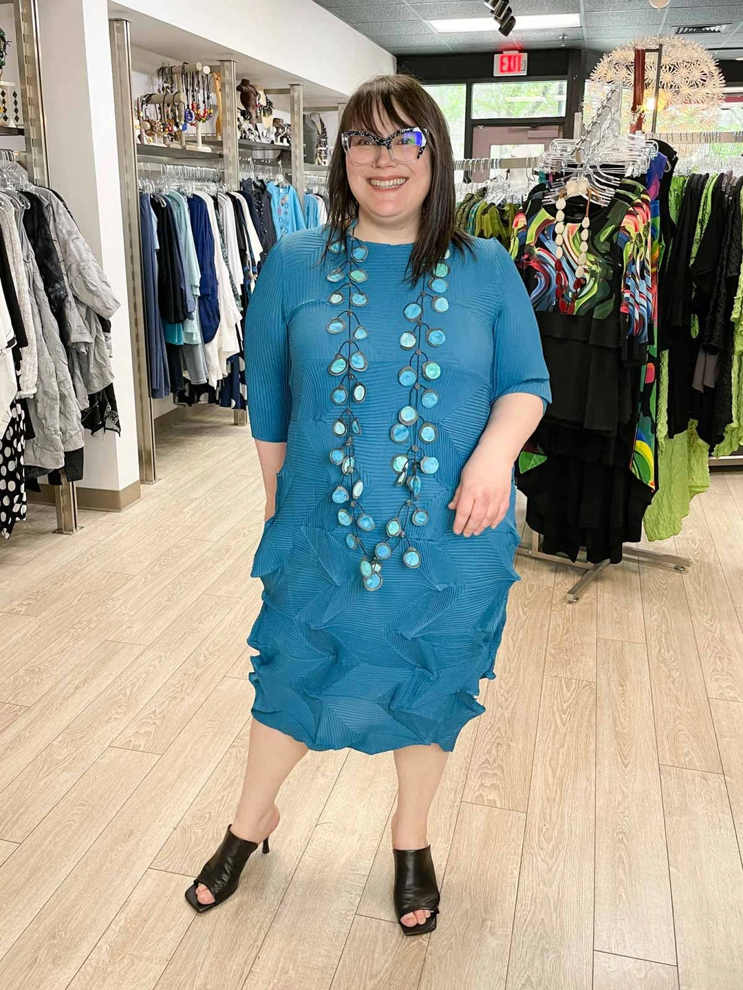 Vanite Couture Vanité Couture Zig Zag Pleat 3/4 Sleeve Dress, Teal