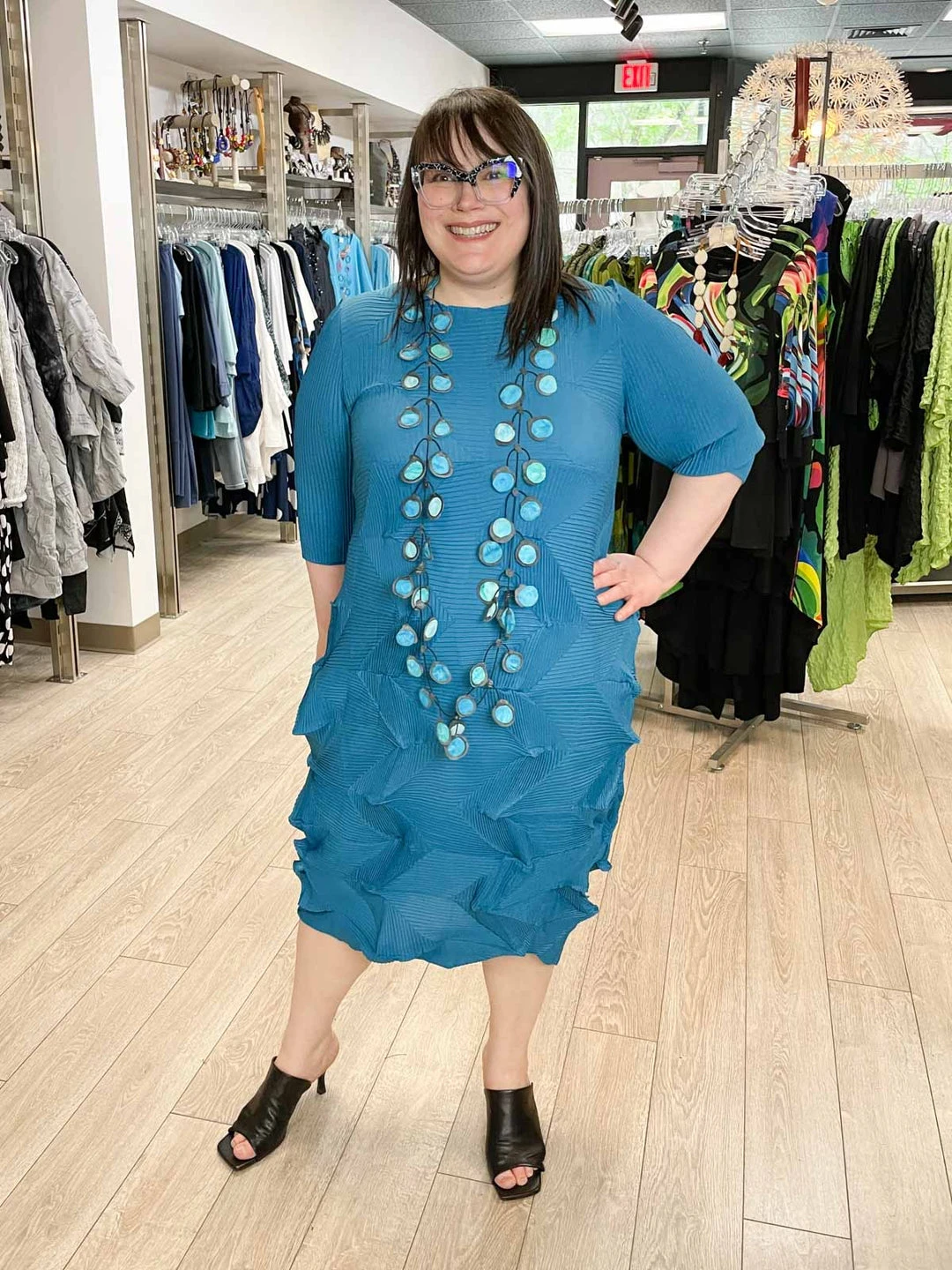 Vanite Couture Vanité Couture Zig Zag Pleat 3/4 Sleeve Dress, Teal