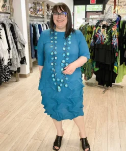 Vanite Couture Vanité Couture Zig Zag Pleat 3/4 Sleeve Dress, Teal