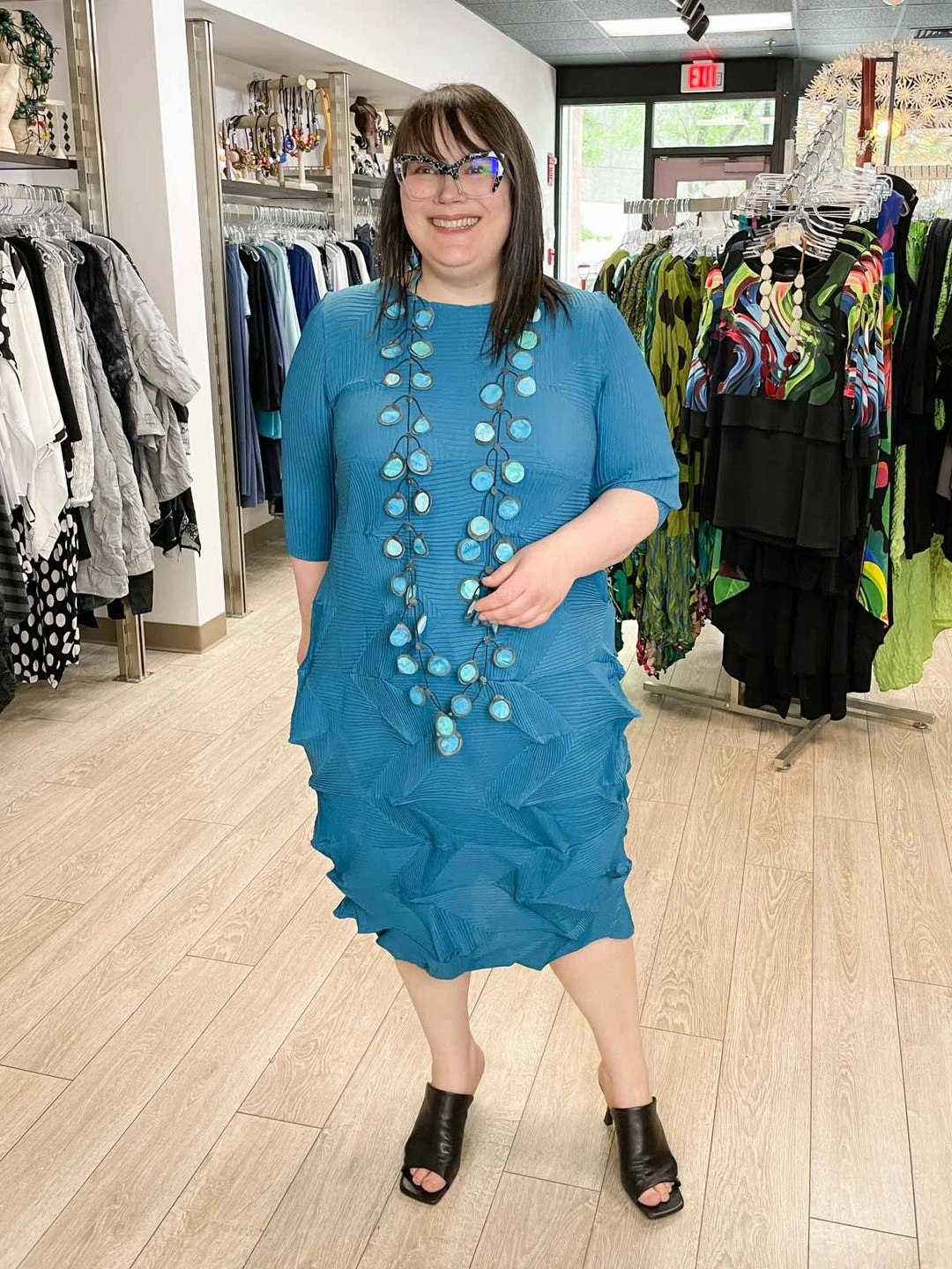 Vanite Couture Vanité Couture Zig Zag Pleat 3/4 Sleeve Dress, Teal