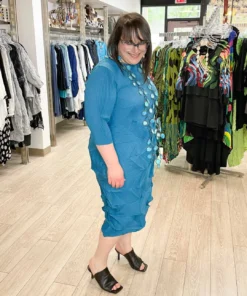 Vanite Couture Vanité Couture Zig Zag Pleat 3/4 Sleeve Dress, Teal