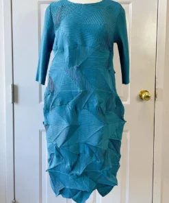 Vanite Couture Vanité Couture Zig Zag Pleat 3/4 Sleeve Dress, Teal