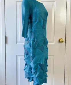 Vanite Couture Vanité Couture Zig Zag Pleat 3/4 Sleeve Dress, Teal