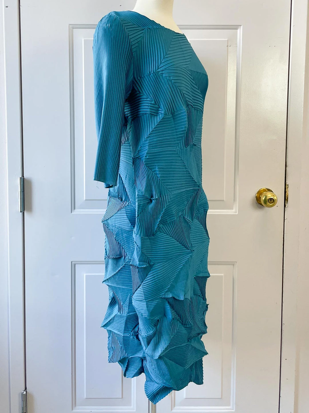 Vanite Couture Vanité Couture Zig Zag Pleat 3/4 Sleeve Dress, Teal