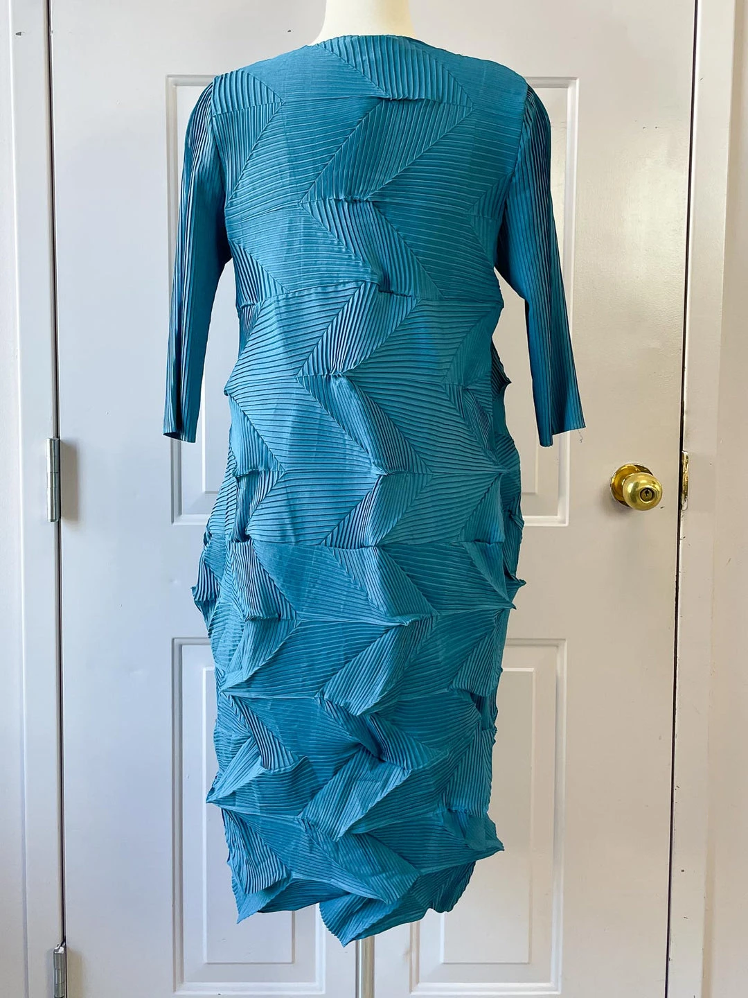 Vanite Couture Vanité Couture Zig Zag Pleat 3/4 Sleeve Dress, Teal