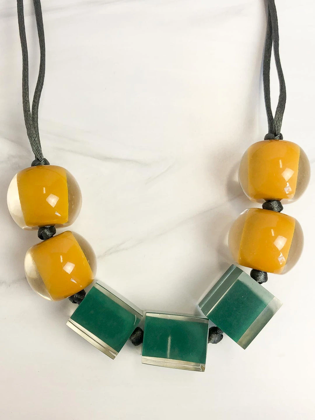 Zsiska Colorful Cubes 7 Mix Bead Adjustable Necklace, Teal Green/Mustard